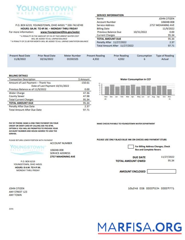 Printable USA Youngstown Water Department utility bill template in Word and PDF format